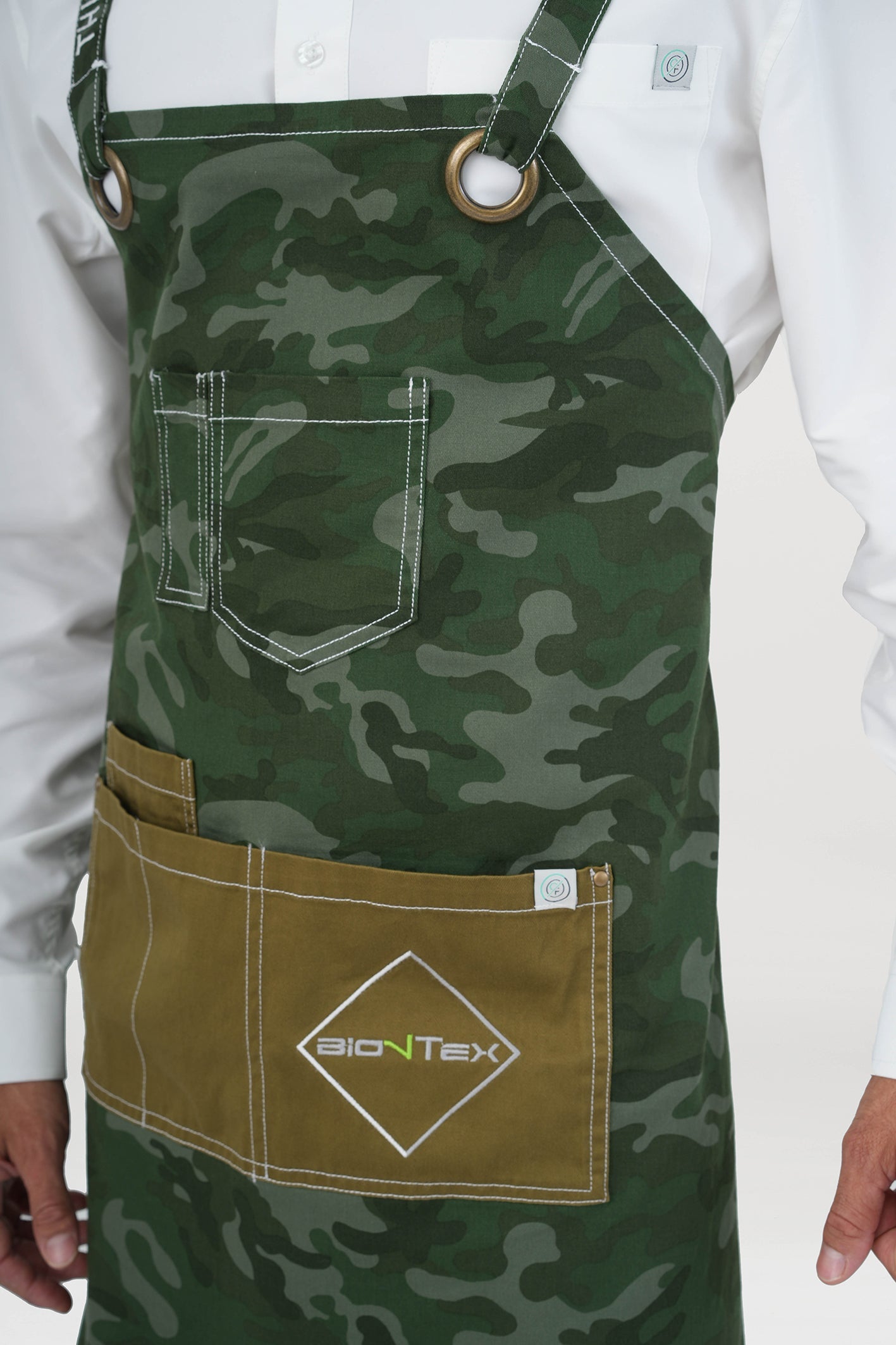 Unisex BioNTex™ Emb Camo Cross-back Bib Apron