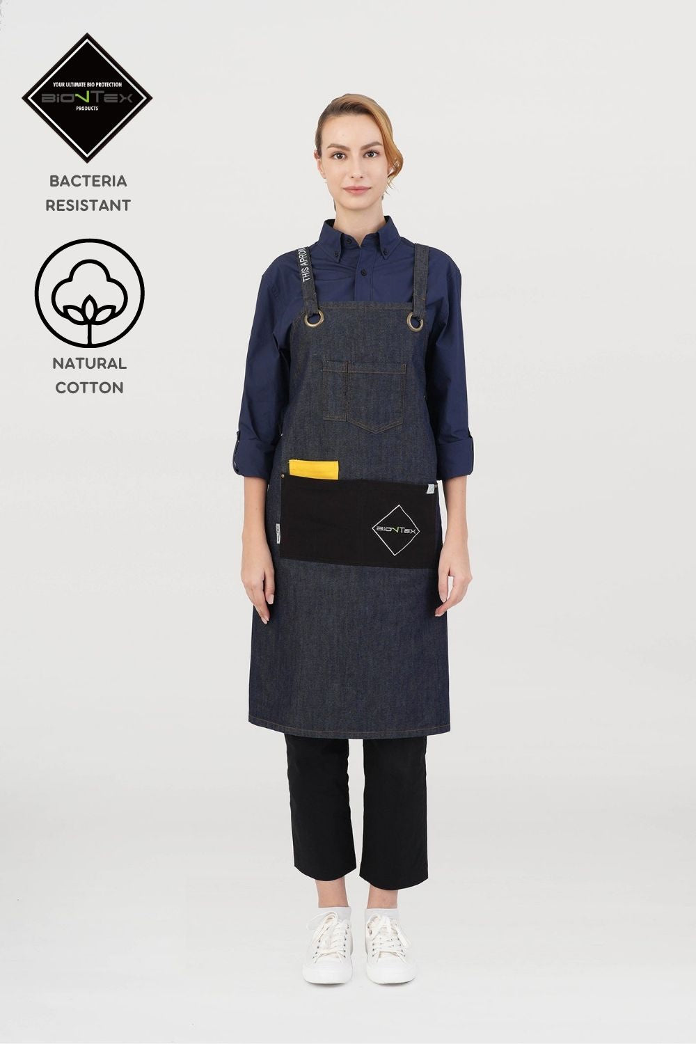 Unisex BioNTex™ Denim Cross-back Bib Apron with Contrast Pockets