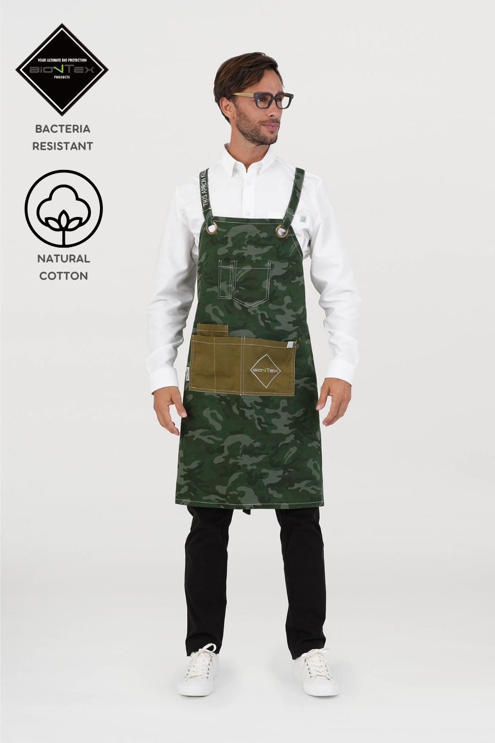 Unisex BioNTex™ Emb Camo Cross-back Bib Apron