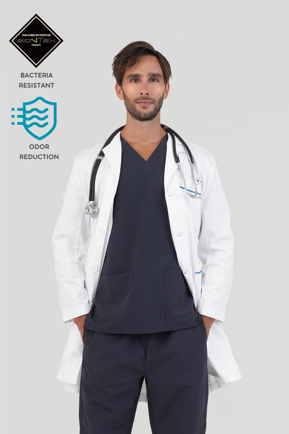 <b>NB Medical Centre</b>  Men's BioNTex™ Long Lab Coat with Contrast Piping