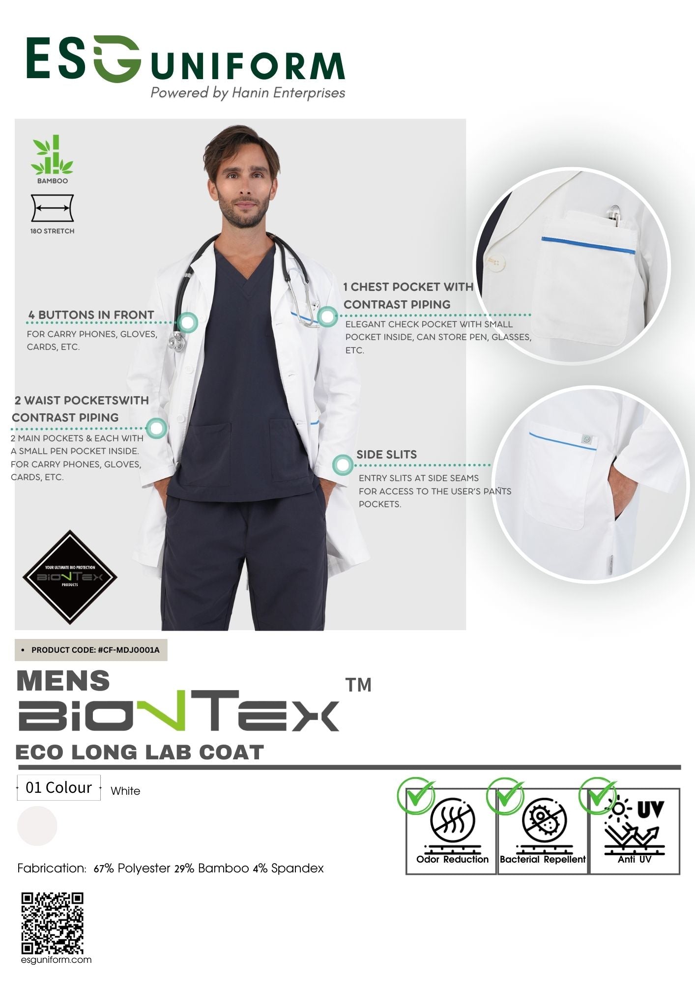 <b>Richemont</b> Men's BioNTex™ Eco Long Lab Coat with Contrast Piping