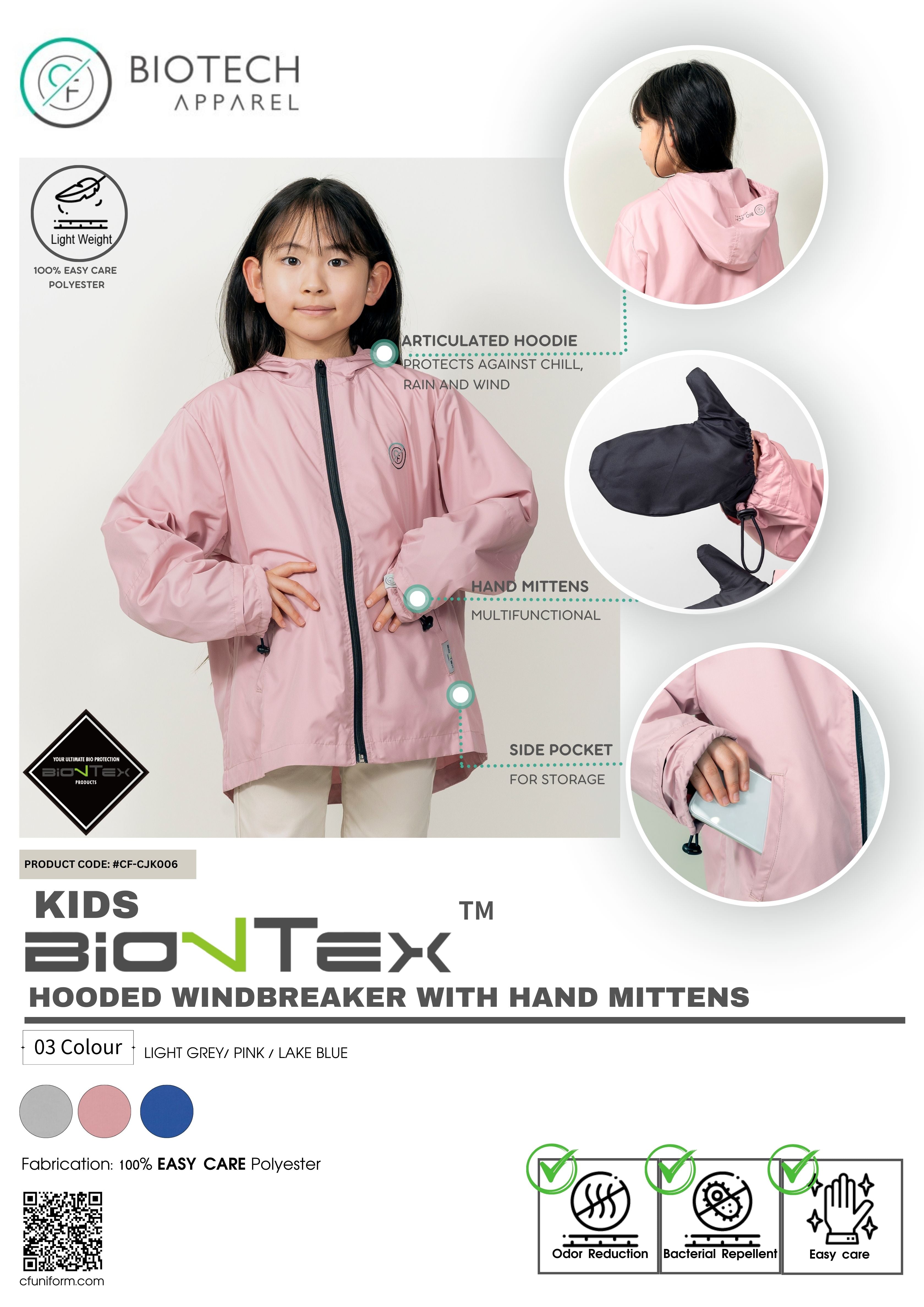 Kid's BioNTex™ Hooded Windbreaker With Hand Mittens