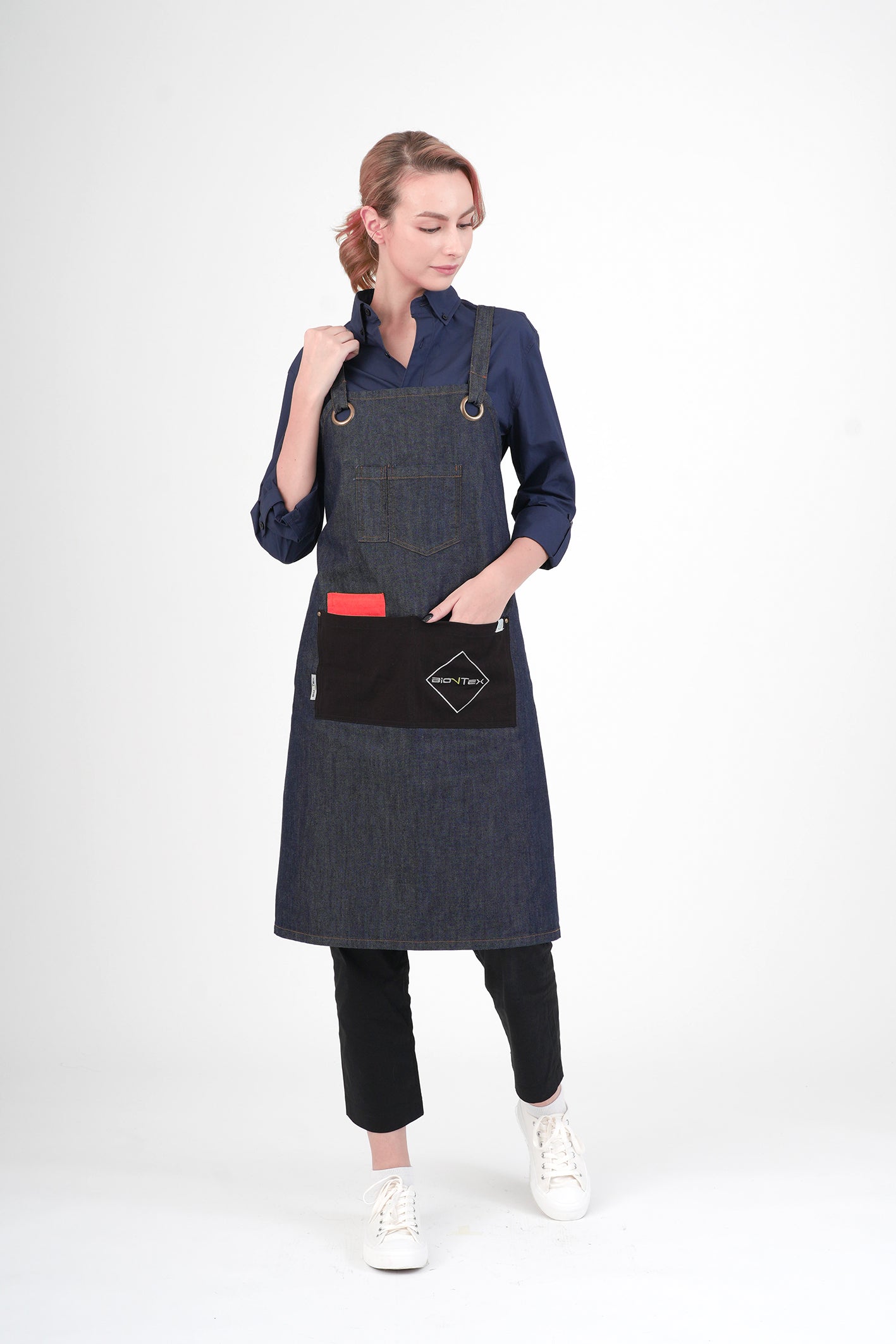 Unisex BioNTex™ Denim Cross-back Bib Apron with Contrast Pockets