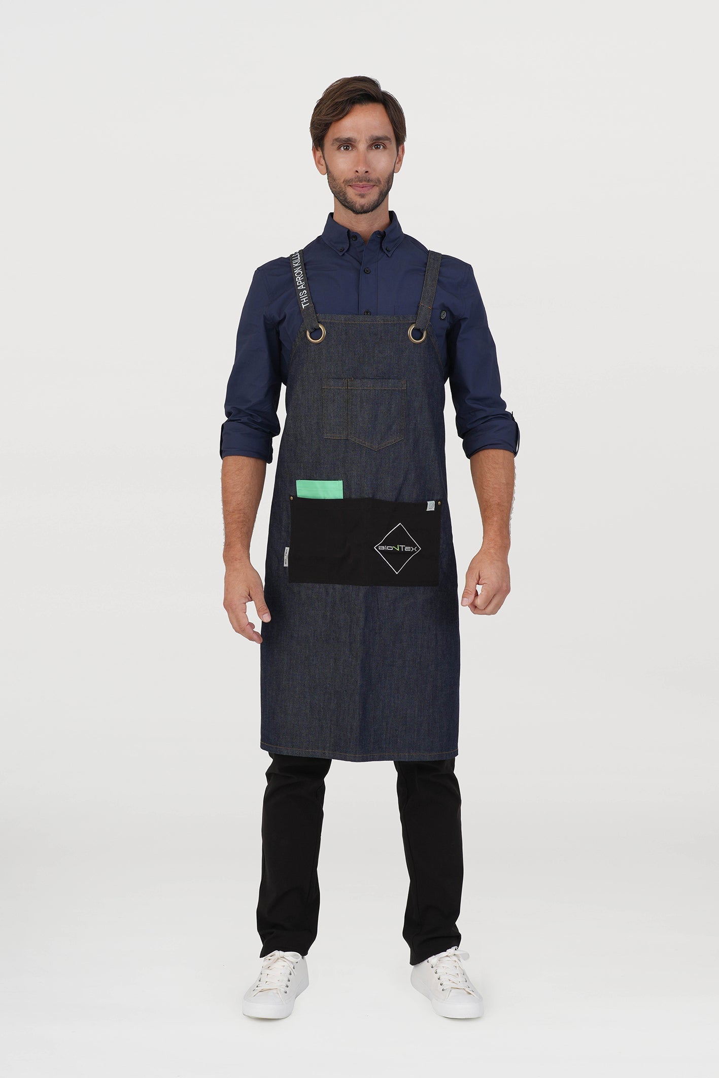 Unisex BioNTex™ Denim Cross-back Bib Apron with Contrast Pockets